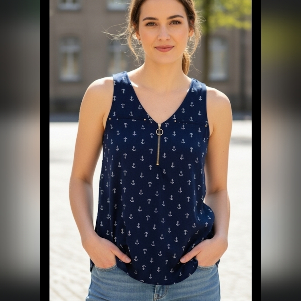 Janet Chung Print Anchor Navy Women's Tank Top Sleveless Size S